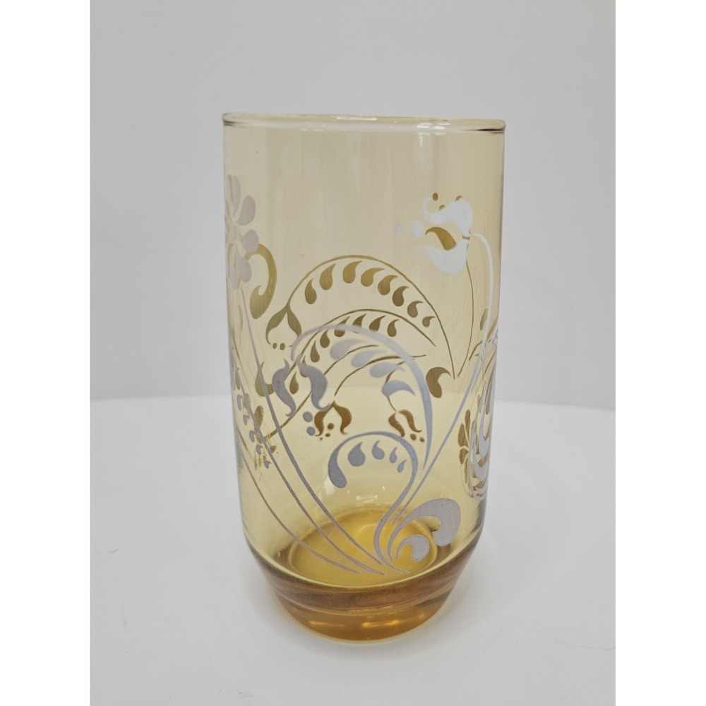 70's Libbey Amber Gold White Floral Scroll Tumbler Drinking Glass Replacement